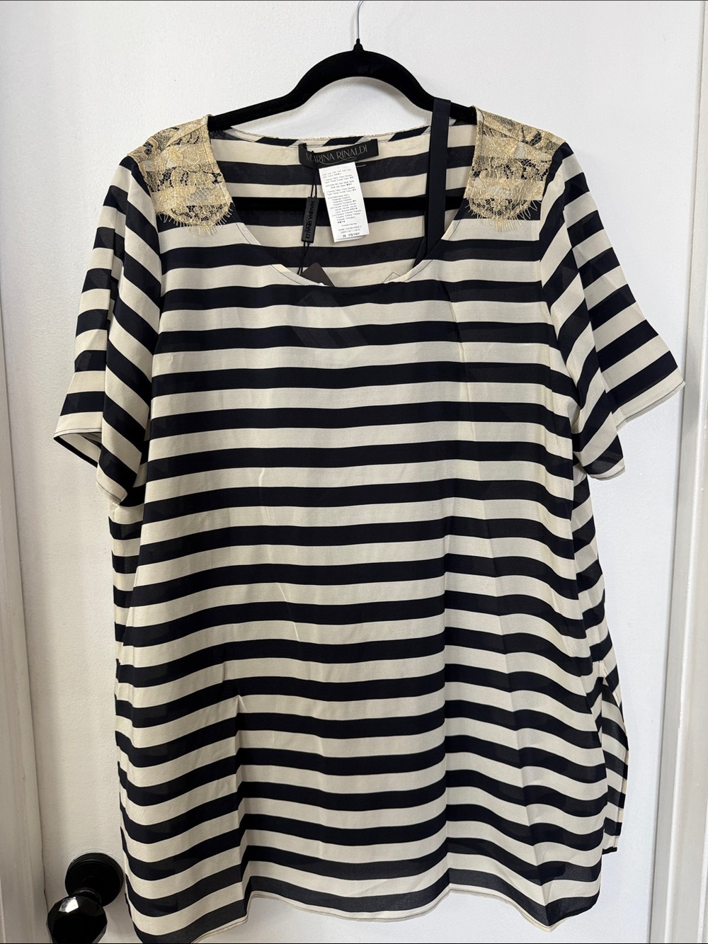 Marina Rinaldi Black/Cream Striped Silk Top w/Gold Lace Detail- 16–NWT- 2pcs